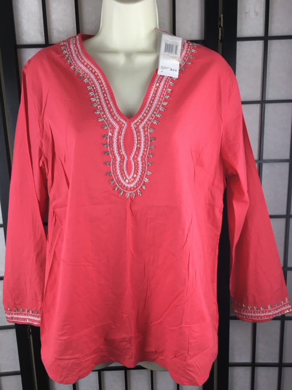 NWT Sz L Embroidered V-Neck Women's Tunic Top - Coral